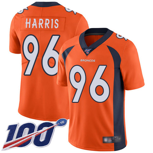 Men Denver Broncos 96 Shelby Harris Orange Team Color Vapor Untouchable Limited Player 100th Season Football NFL Jersey
